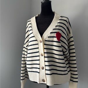 Old Navy Black and White Striped Cardigan with Red Heart